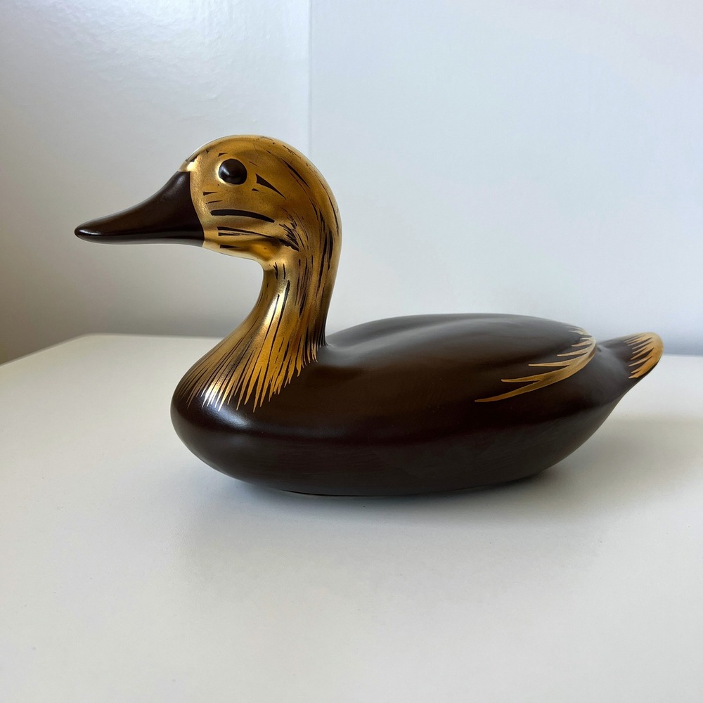 Vintage Brown Gold Ceramic Duck Figurine Mid Century Modern Bird Decor 12" - Picture 1 of 12